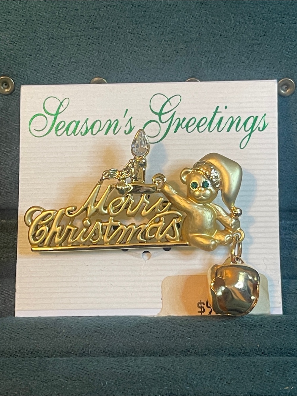 Vintage Danecraft “Merry Christmas” Gold-Tone Rhinestone Teddy Bear Bell Brooch